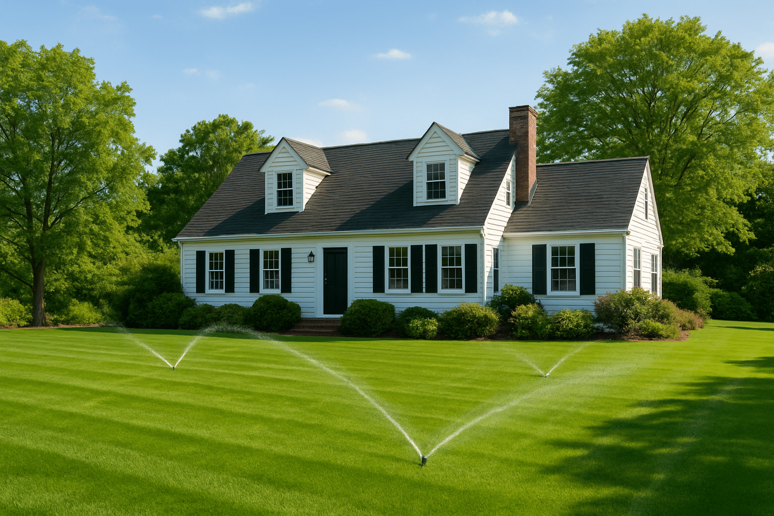 Cape-style home with a perfectly maintained lawn and active sprinklers showcasing professional Cape Cod irrigation services in action.