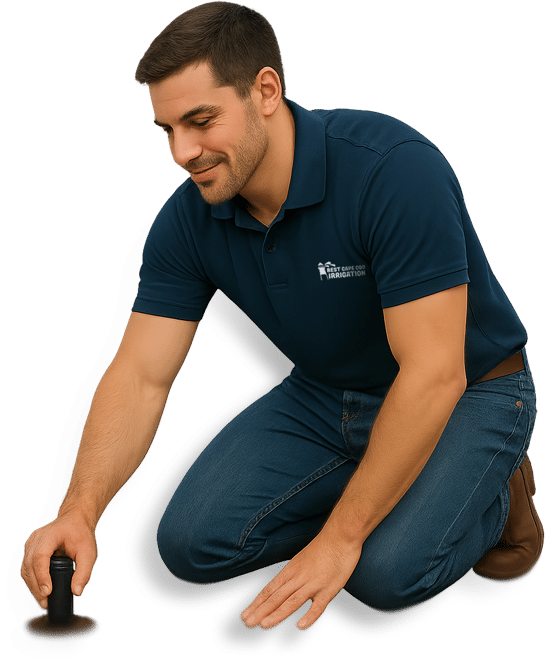 Technician installing sprinkler system in Cape Cod lawn